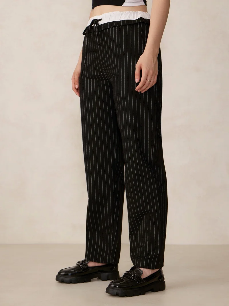 Outzidr  Black Double Waist Band Stripe Trouser for Women | Best Price UAE